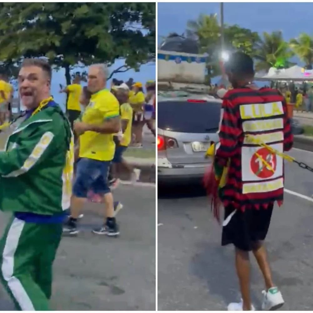 Homem conduzido com corrente em manifestação na orla da Barra da Tijuca